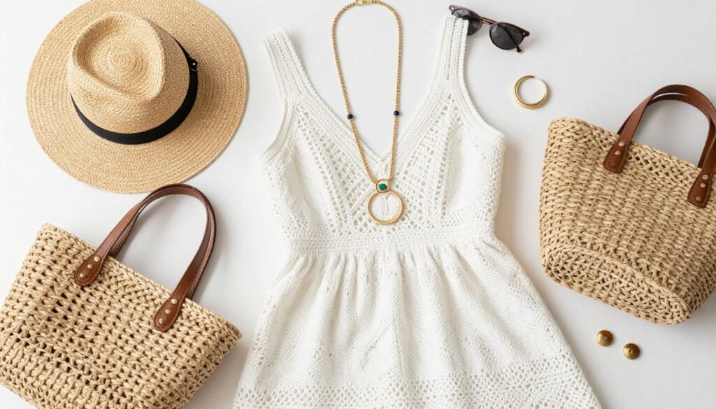 Woman styling a white crochet dress with accessories