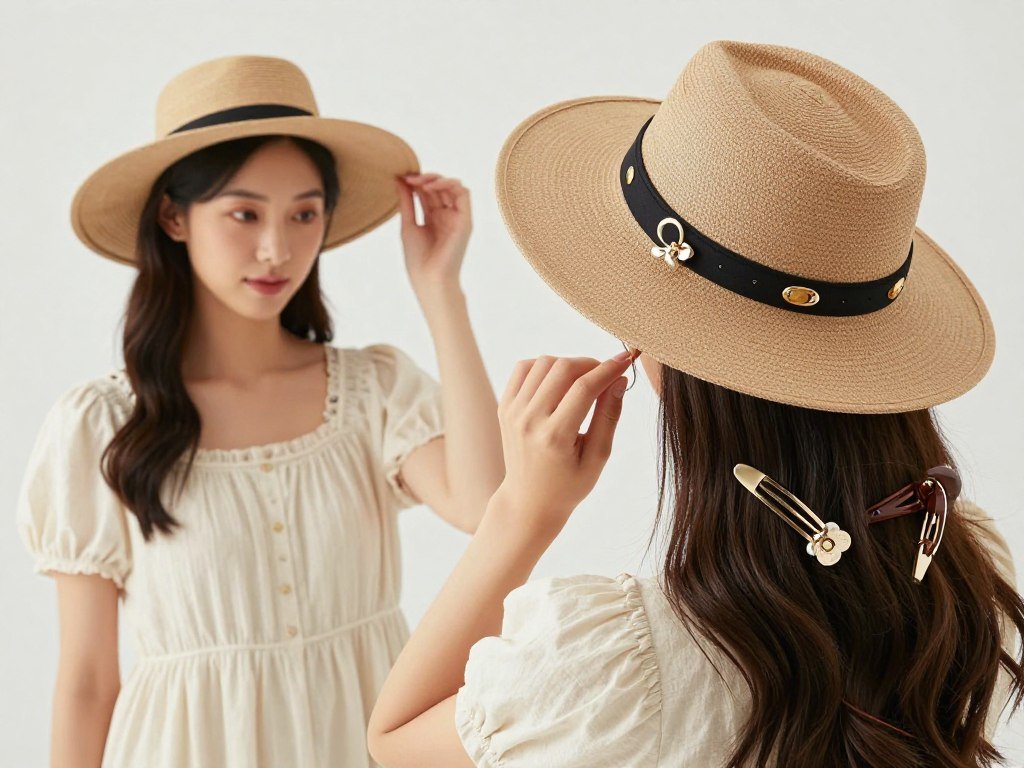 Woman styling babydoll dress with various hats and hair accessories