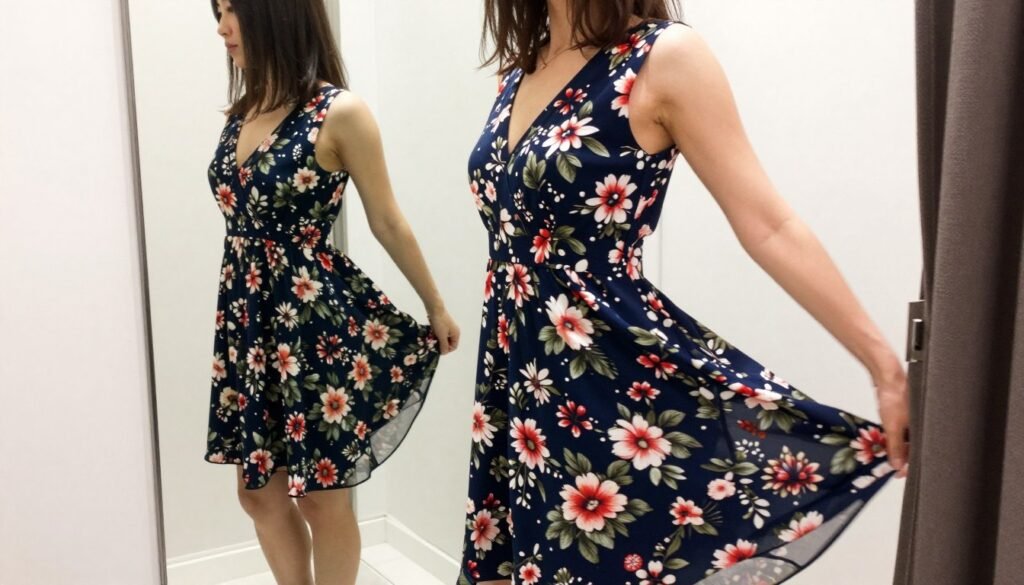 Woman trying on a floral dress in a fitting room, checking fit and movement