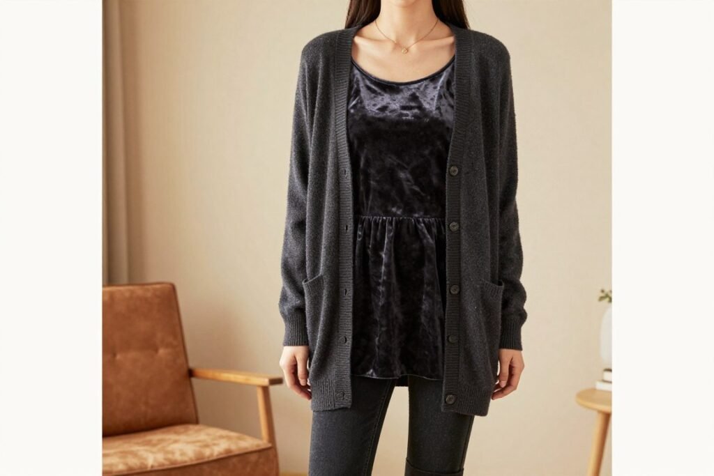 Woman wearing a babydoll top layered for winter