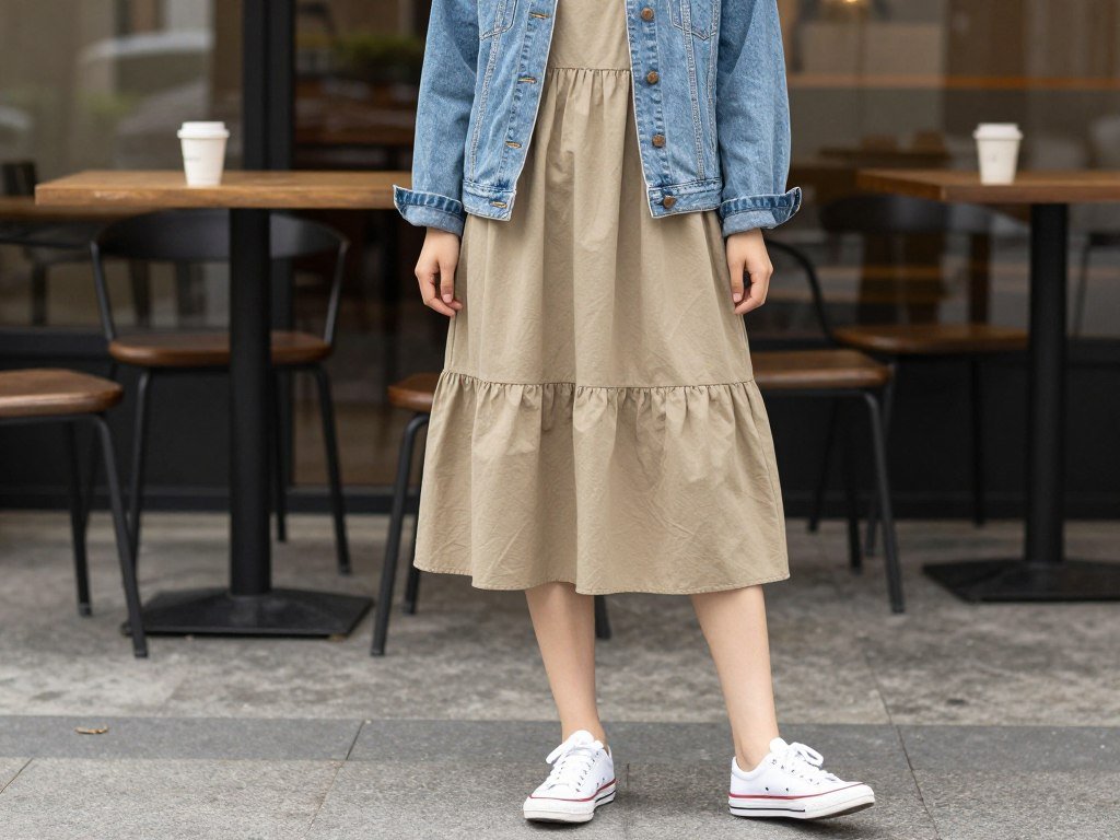 Woman wearing a casual babydoll dress with sneakers and denim jacket for daytime look