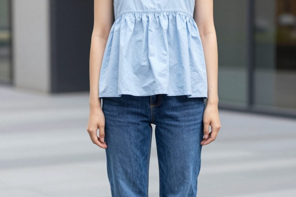 Woman wearing a casual babydoll top with straight-leg jeans