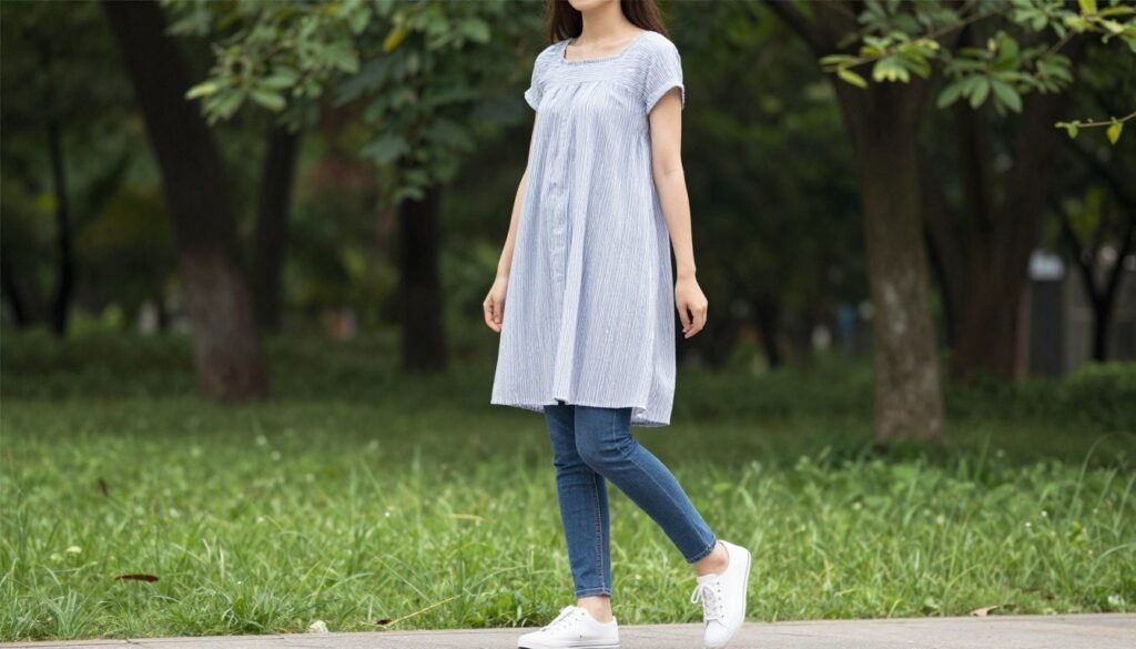 Woman wearing a casual cotton babydoll top with jeans and sneakers