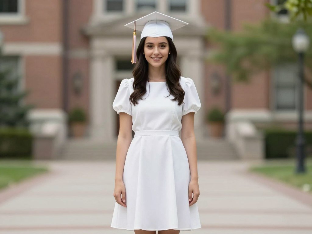 Woman wearing a classic white A-line graduation dress with cap sleeves