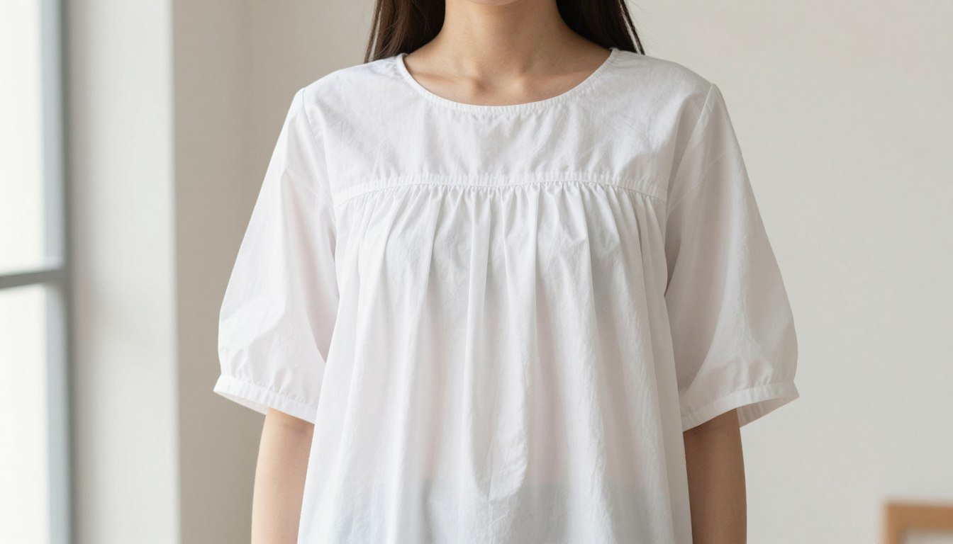 Woman wearing a classic white babydoll top with empire waistline and flowy fabric