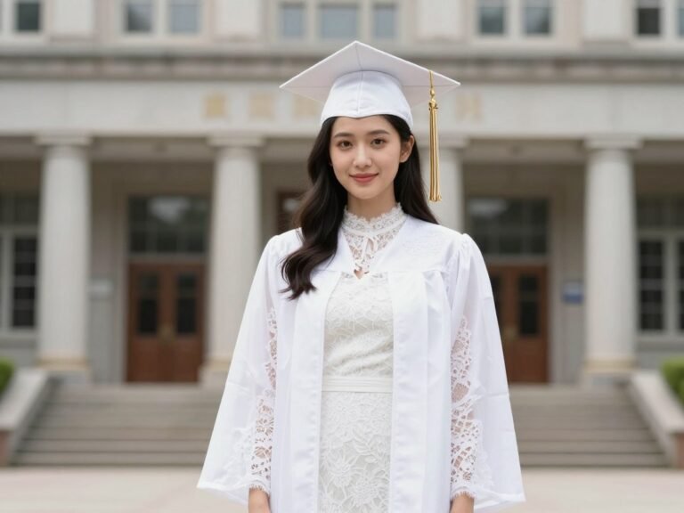 Woman wearing a classic white lace graduation dress with cap and gown