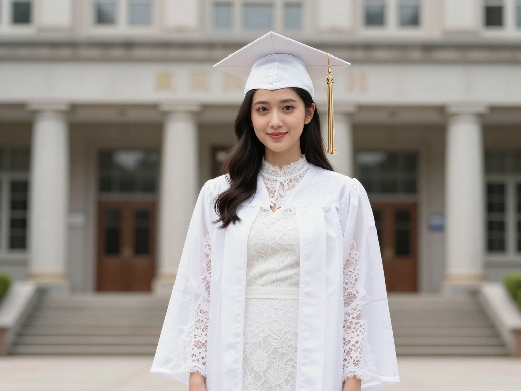 Woman wearing a classic white lace graduation dress with cap and gown