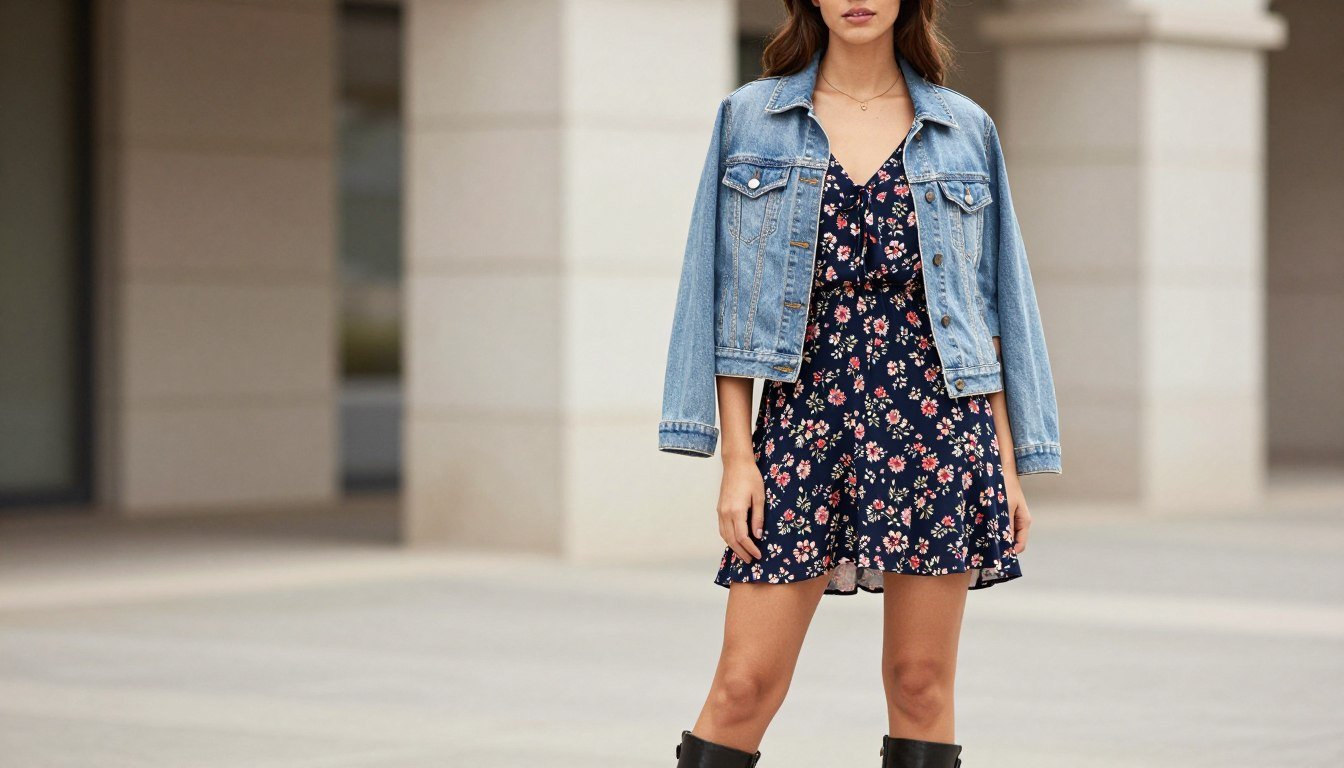 Woman wearing a floral babydoll dress outfit with ankle boots and a denim jacket