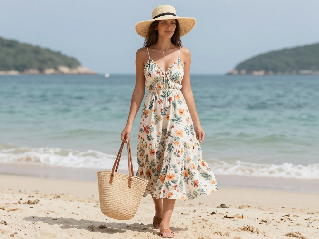 Woman wearing a floral babydoll dress with straw hat and sandals for beach vacation