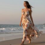 Woman wearing a floral maxi dress walking along a beach at sunset, casual summer dresses