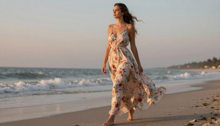 Woman wearing a floral maxi dress walking along a beach at sunset, casual summer dresses