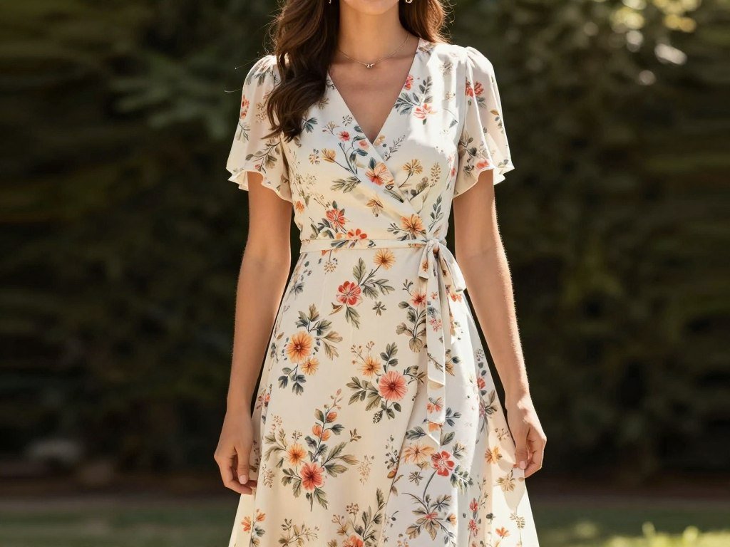 Woman wearing a floral midi wrap dress for spring wedding Woman wearing a floral midi wrap dress for spring wedding