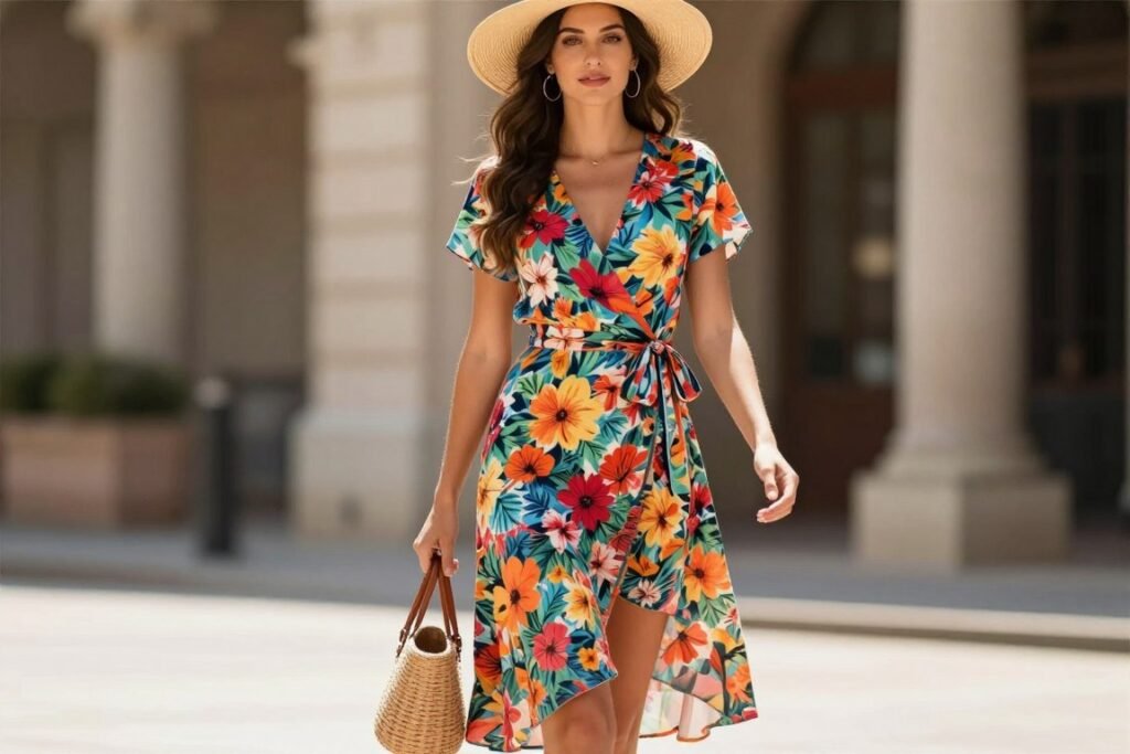 Woman wearing a floral wrap dress with a straw hat and basket bag