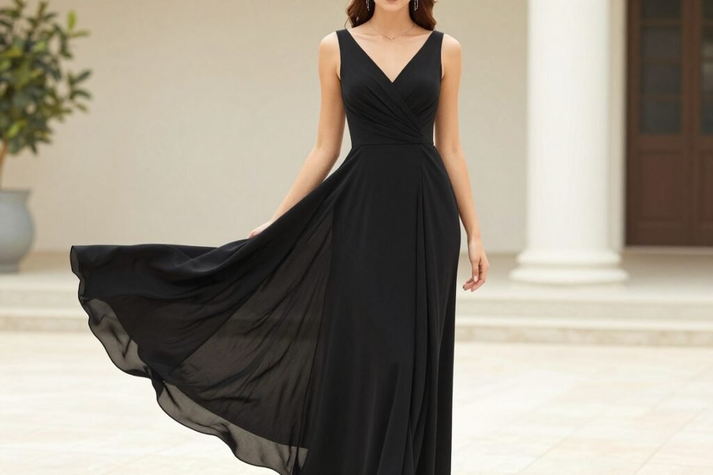 Woman wearing a flowing black maxi dress as a wedding guest outfit