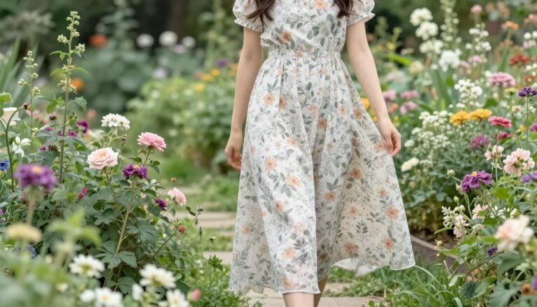 Woman wearing a flowing modest summer dress walking through a garden