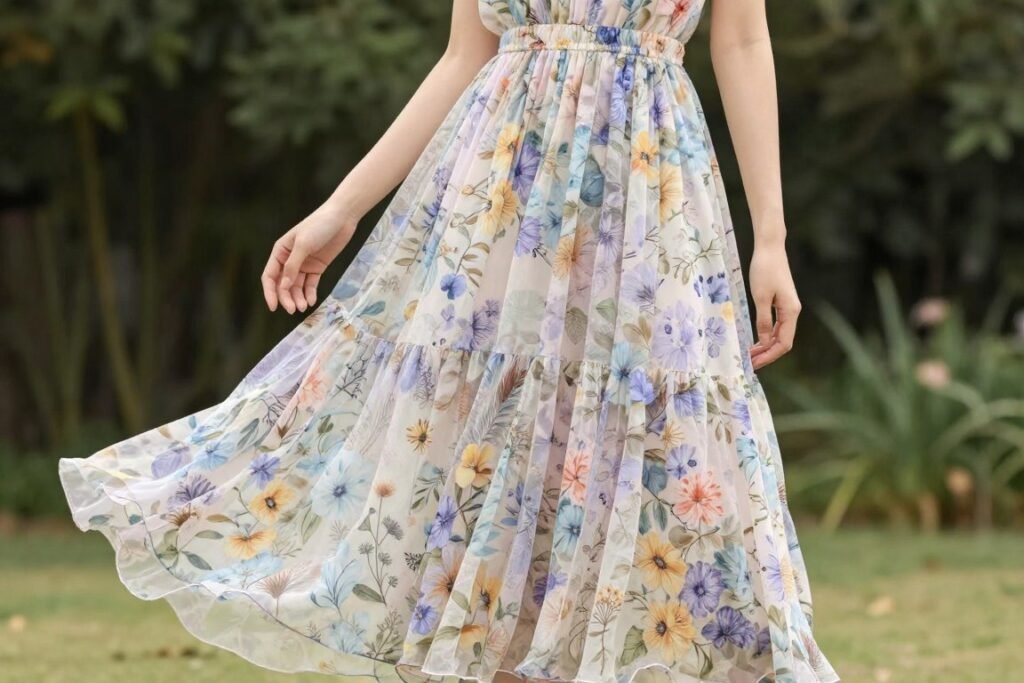 Woman wearing a flowy maxi dress appropriate for a garden wedding