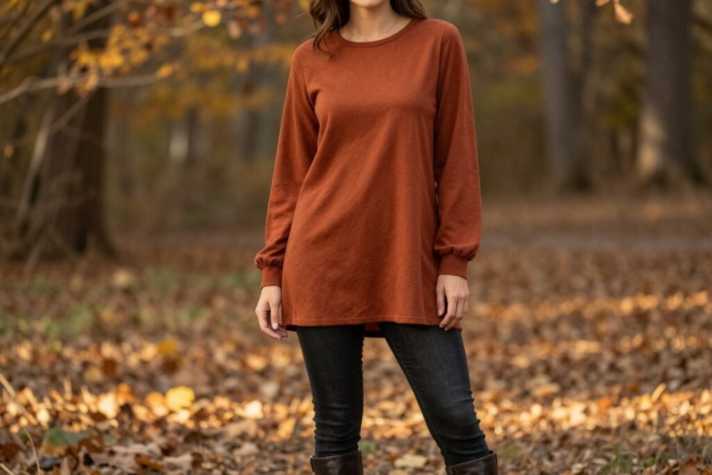 Woman wearing a long sleeve babydoll top for fall