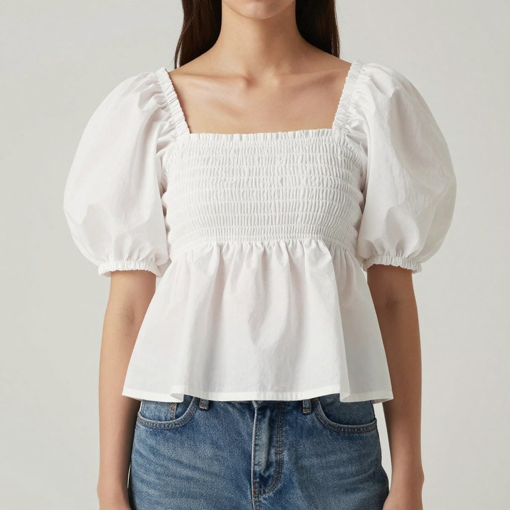 Woman wearing a puff sleeve babydoll top