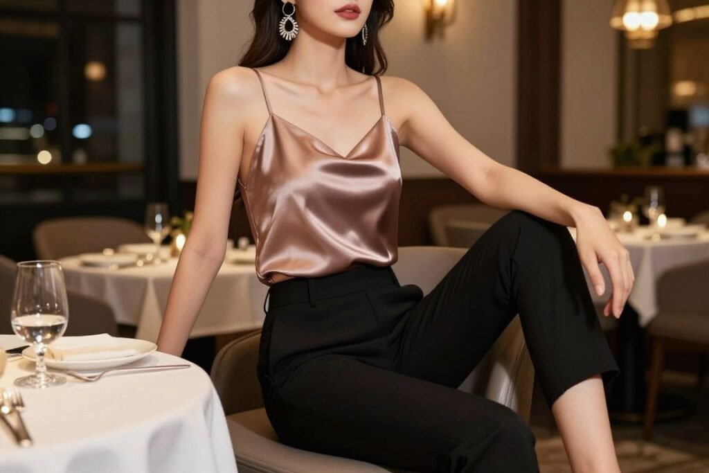 Woman wearing a satin babydoll top with tailored pants for evening