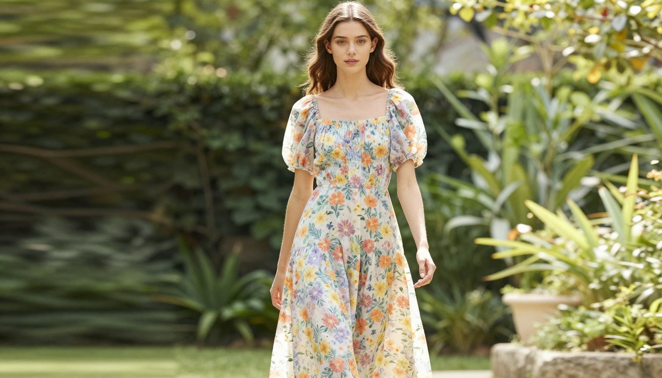 Woman wearing a trendy floral maxi dress with puff sleeves walking in a garden
