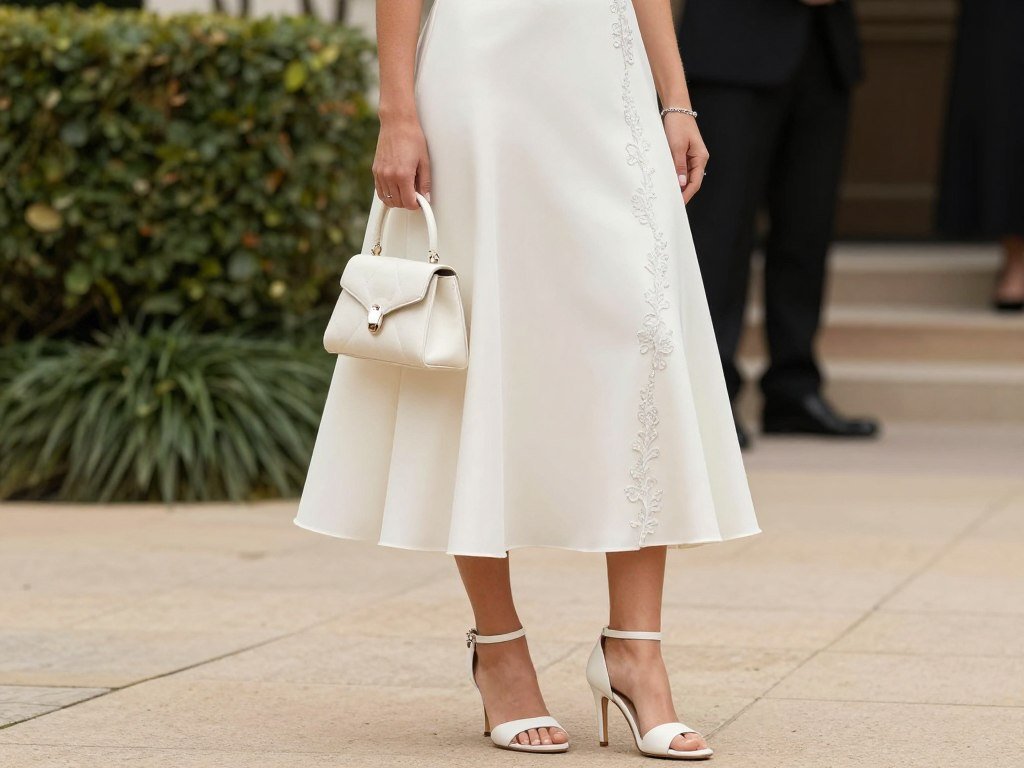 Woman wearing an elegant babydoll dress with formal accessories for wedding guest attire