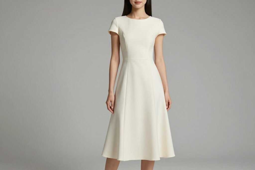 Woman wearing an elegant midi graduation dress with A-line silhouette