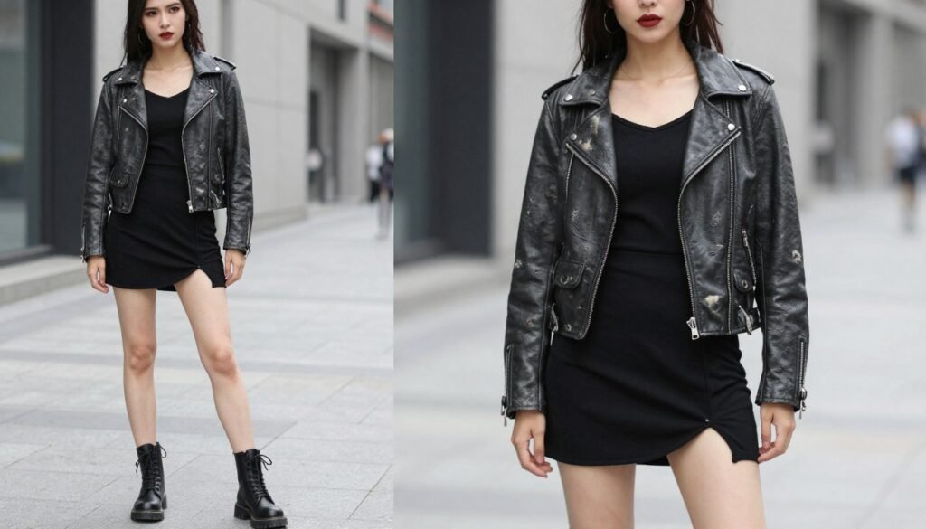 Woman wearing babydoll dress styled with leather jacket and combat boots