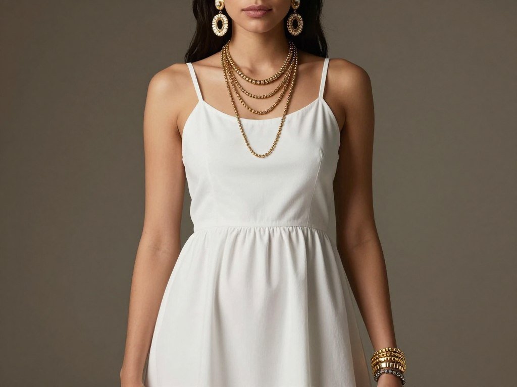 Woman wearing babydoll dress with statement jewelry showing styling options