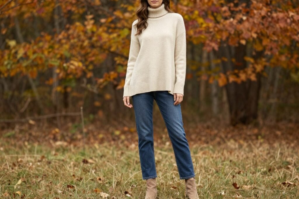 Woman wearing babydoll top layered over turtleneck with jeans