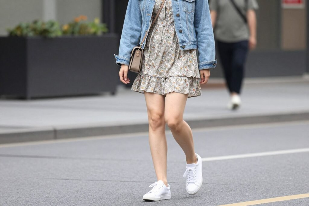 Woman wearing casual babydoll dress with sneakers and denim jacket