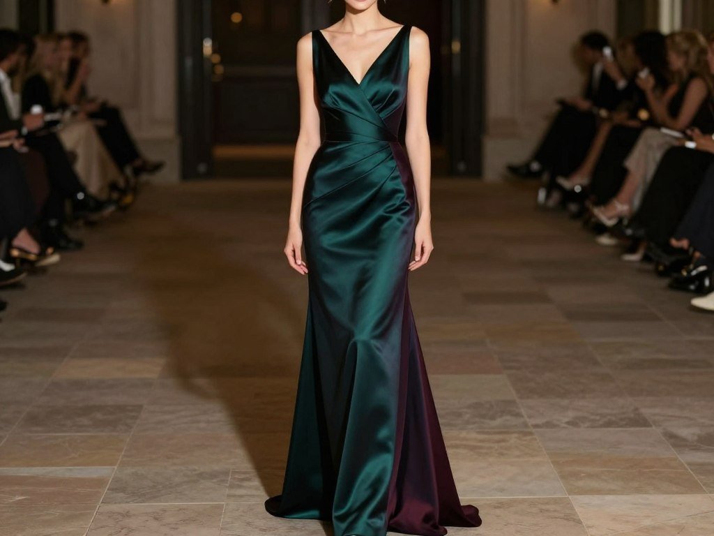 Woman wearing elegant floor-length gown appropriate for formal wedding guest attire