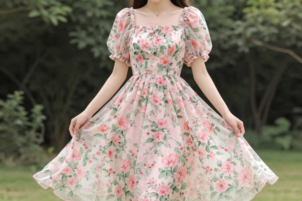 Woman wearing floral midi dress with puff sleeves suitable for summer wedding