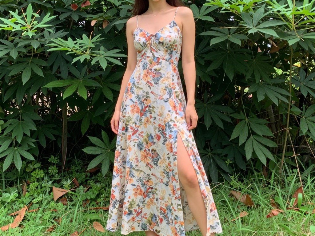 Woman wearing floral print maxi dress with side slit