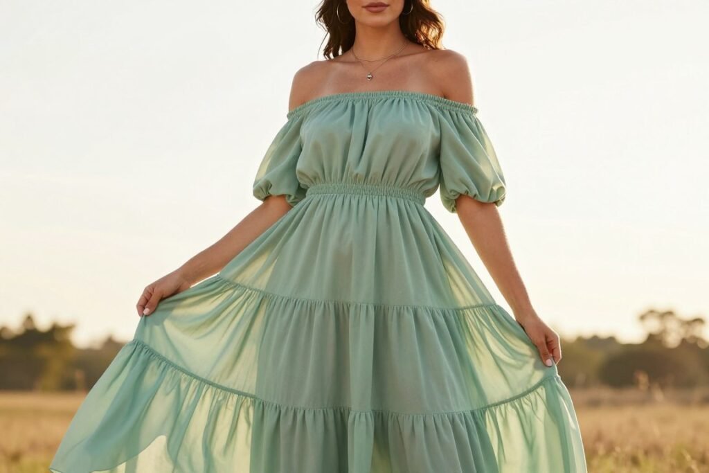 Woman wearing off-shoulder maxi dress in solid color for summer wedding