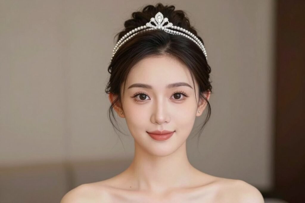 Woman with a headband updo hairstyle for wedding guests