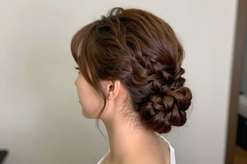 Woman with a side braid with volume hairstyle for wedding guests