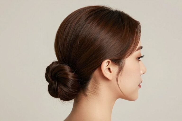 Woman with a sleek low bun hairstyle perfect for wedding guests