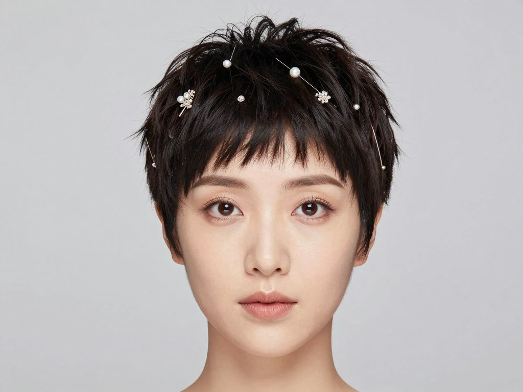 Woman with a textured pixie cut with hair accessories for wedding guests