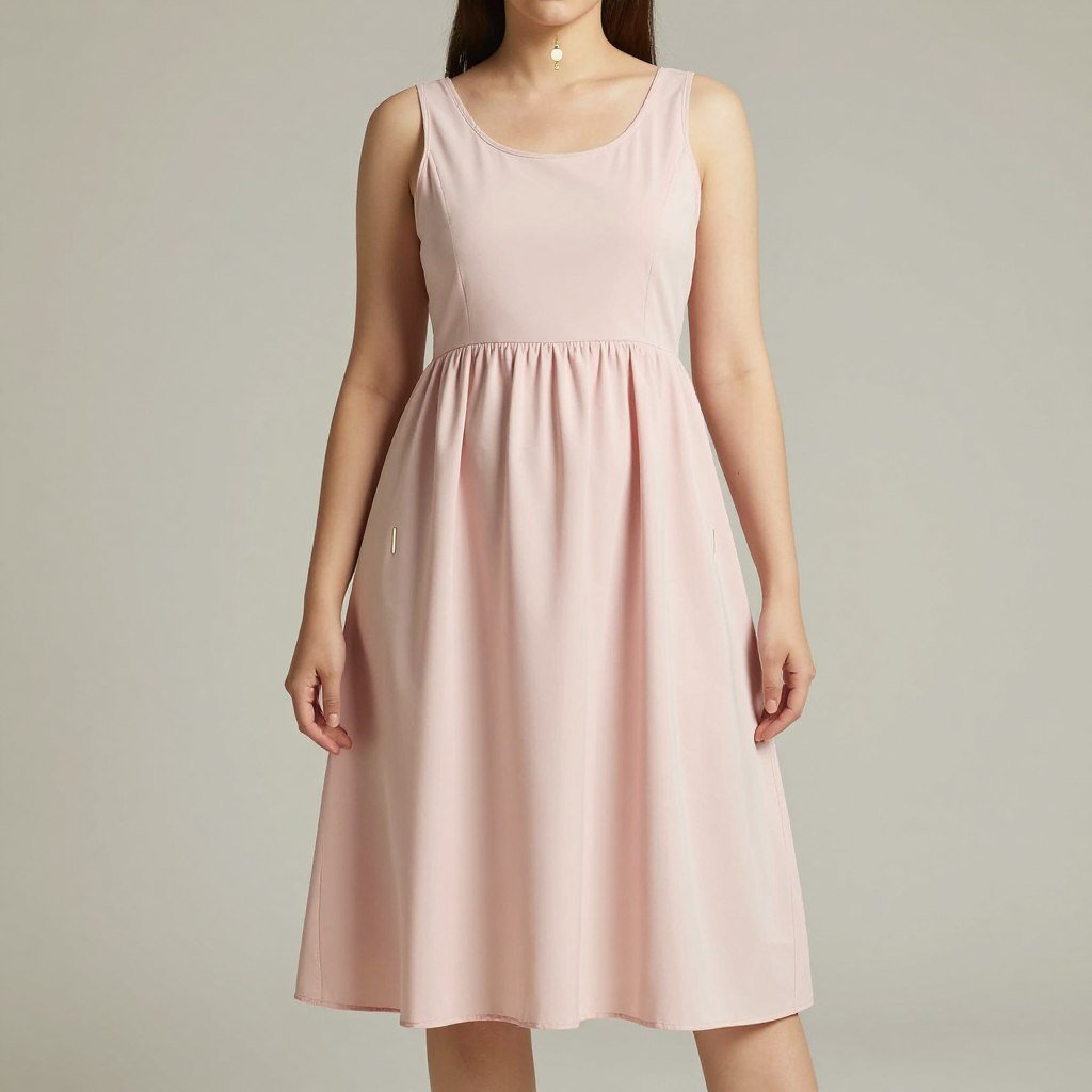 Woman with apple-shaped body in an empire waist babydoll dress