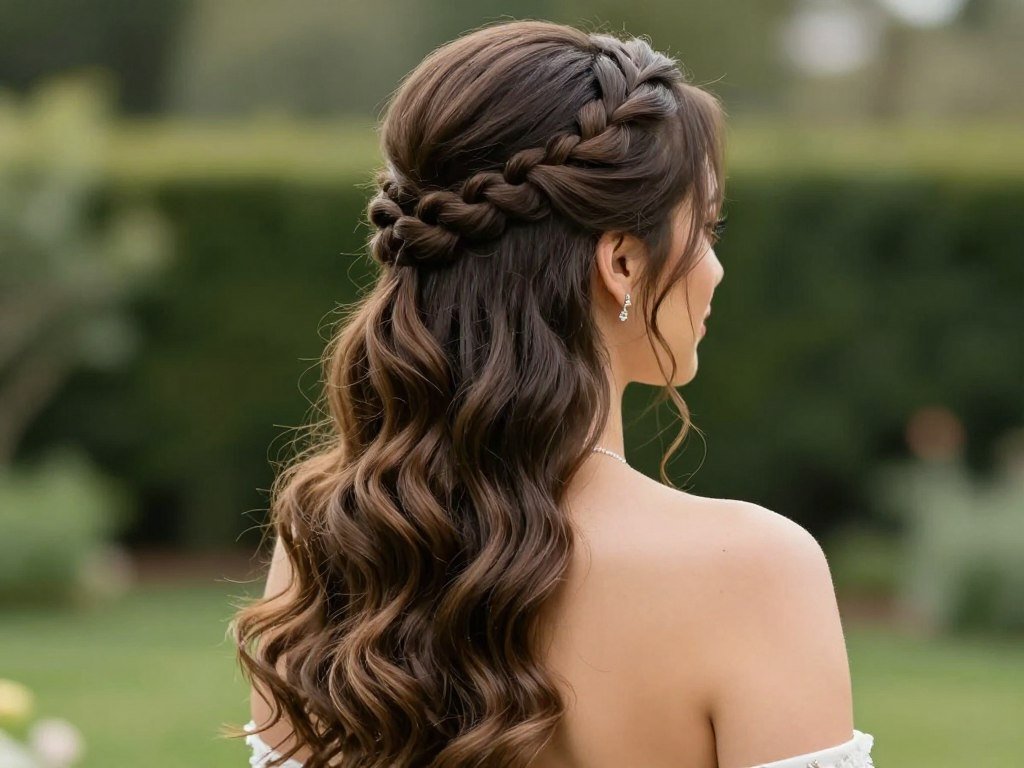 Woman with braided half-up hairstyle for wedding guest hair