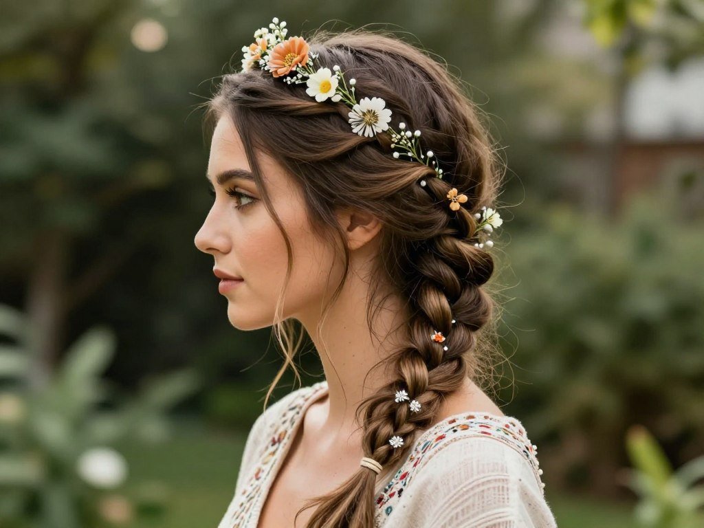 Woman with crown braid hairstyle for wedding guest hair