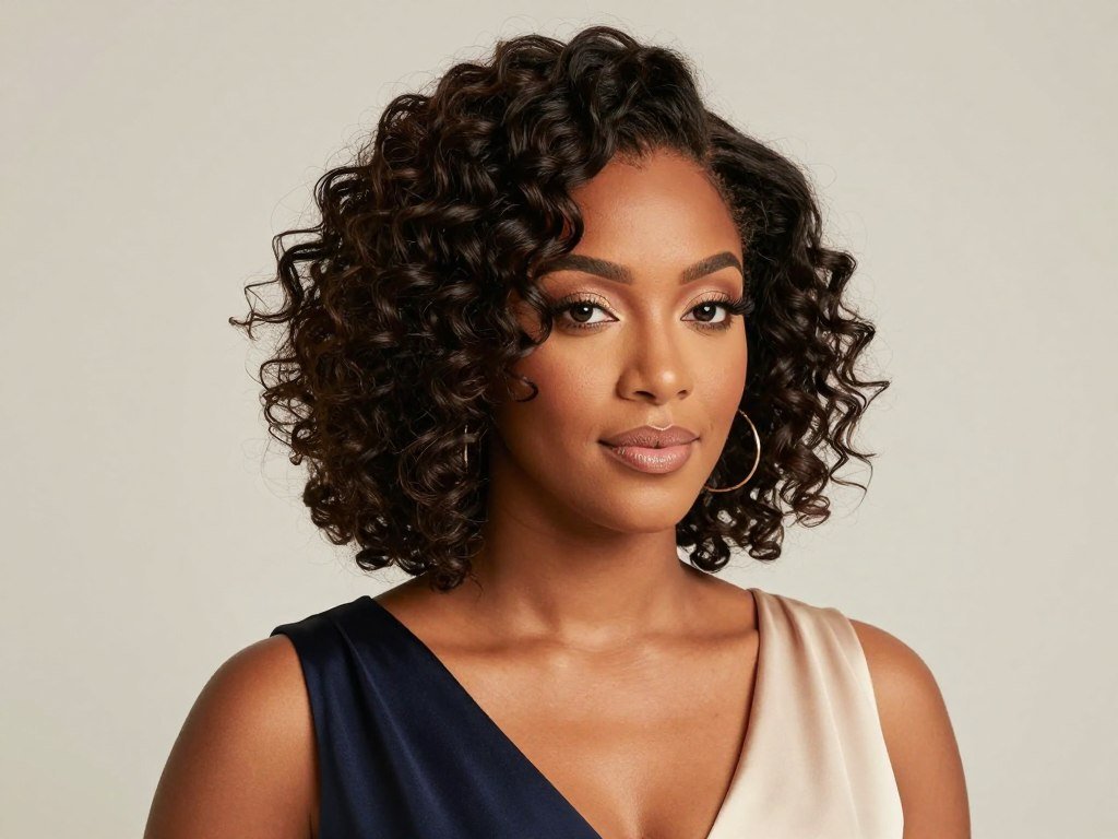 Woman with defined natural curls for wedding guest hair