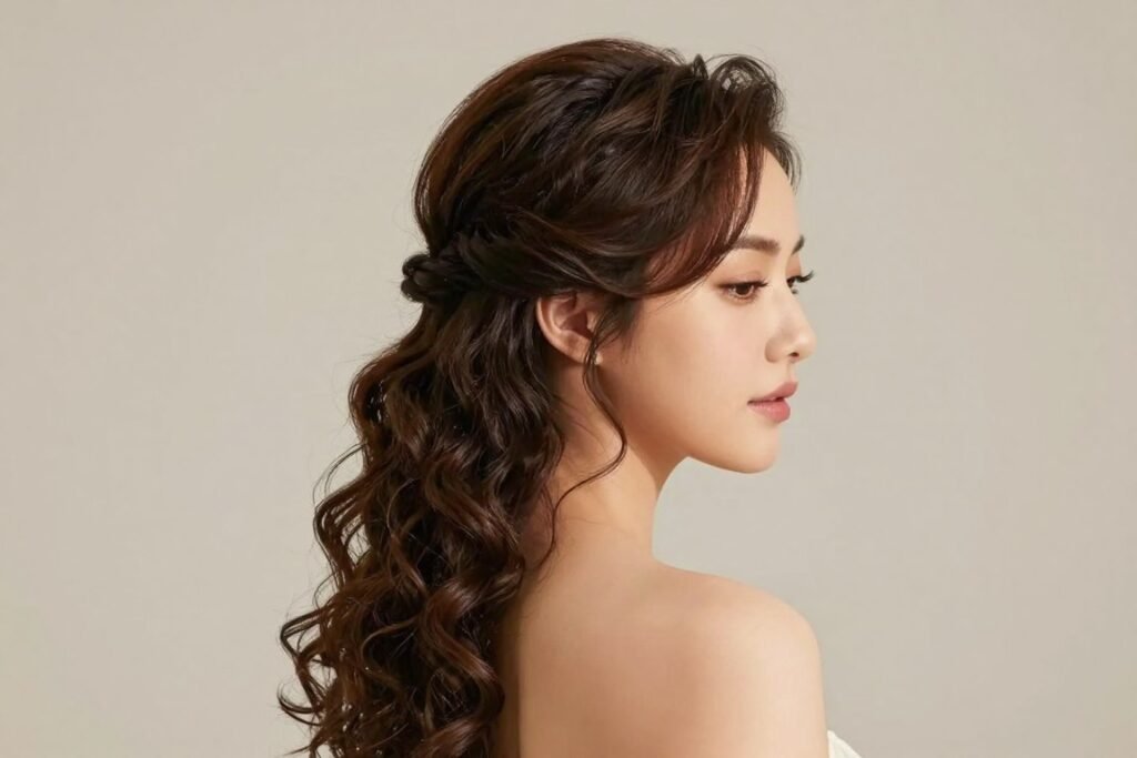 Woman with elegant half-up twisted style for wedding guest hair