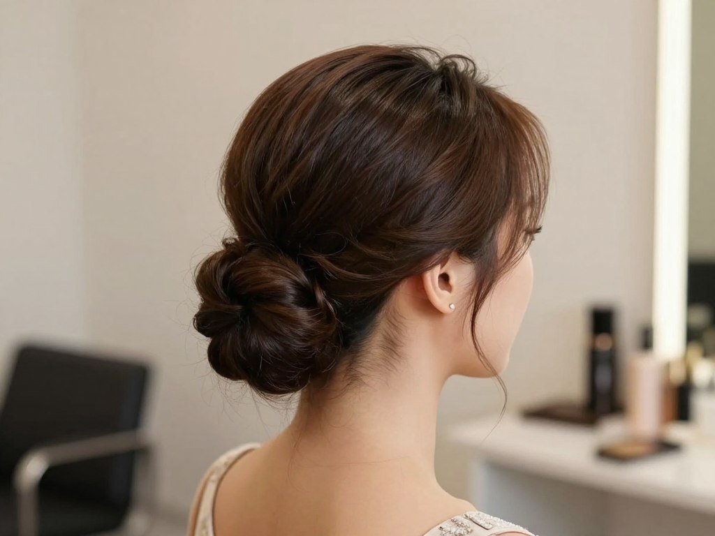 Woman with elegant low chignon updo for wedding guest hair