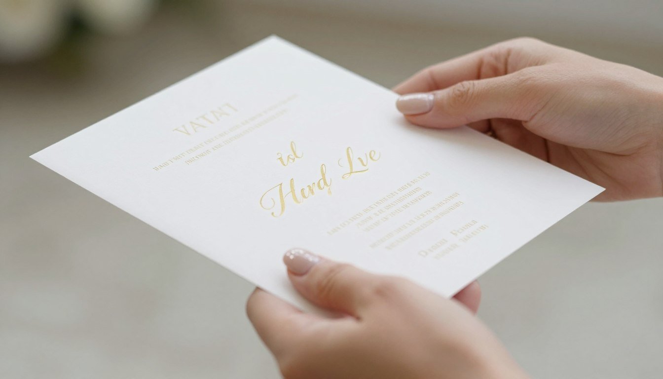 Woman with elegant neutral manicure holding a wedding invitation