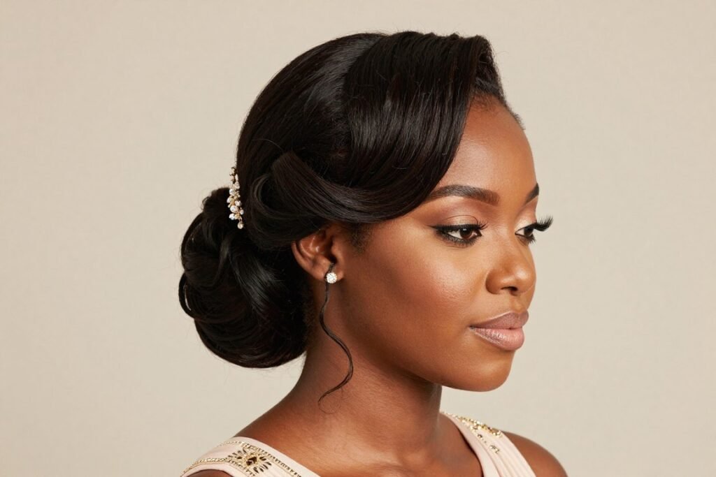 Woman with elegant twist-out hairstyle for wedding guest hair