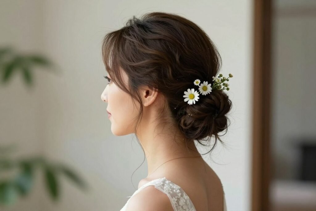Woman with elegant updo hairstyle suitable for summer wedding