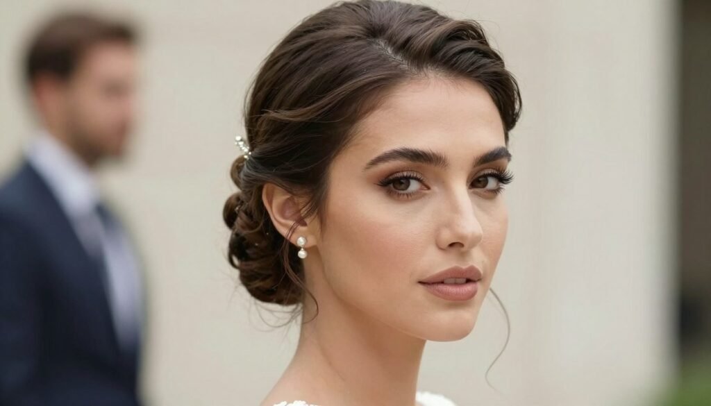 Woman with finished elegant wedding guest hairstyle
