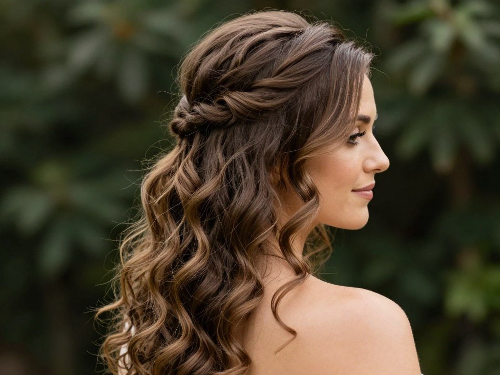 Woman with half-up boho waves hairstyle for wedding guests