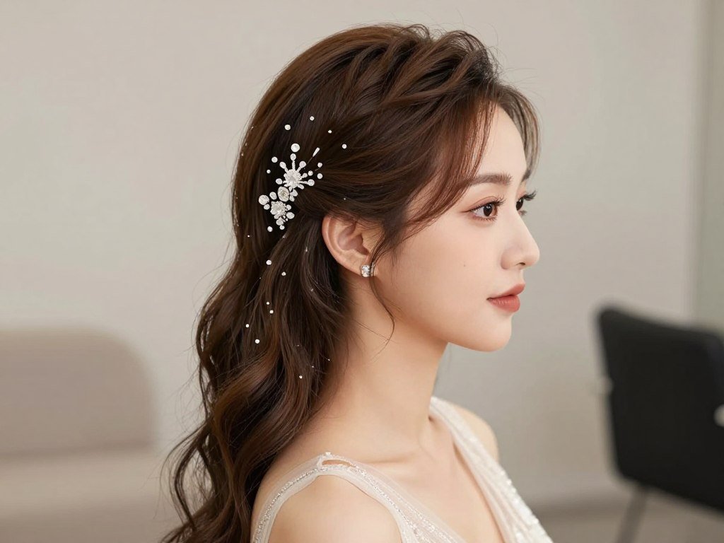 Woman with half-up hairstyle with decorative pins for wedding guest hair